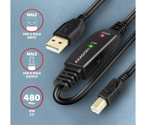 AXAGON ADR-210B USB 2.0 A-M -> B-M Aktywny kabel połączeniowy/wzmacniacz 10m - 1485413 - zdjęcie 2